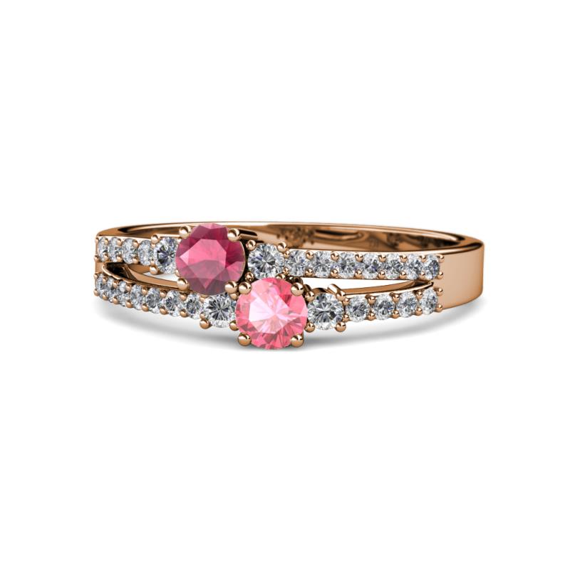 Zaira Rhodolite Garnet and Pink Tourmaline with Side Diamonds Split Shank Ring 