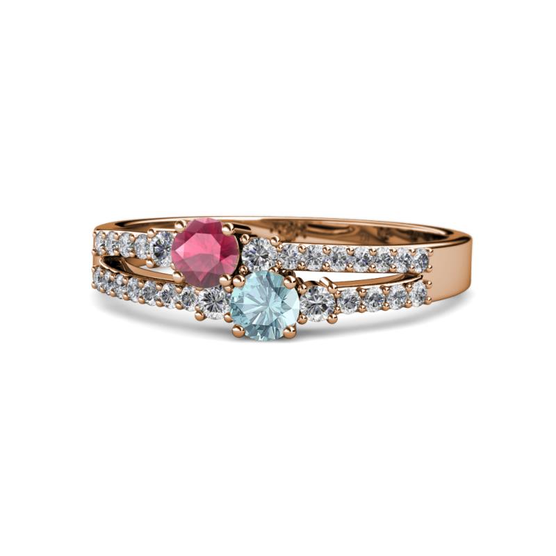 Zaira Rhodolite Garnet and Aquamarine with Side Diamonds Split Shank Ring 
