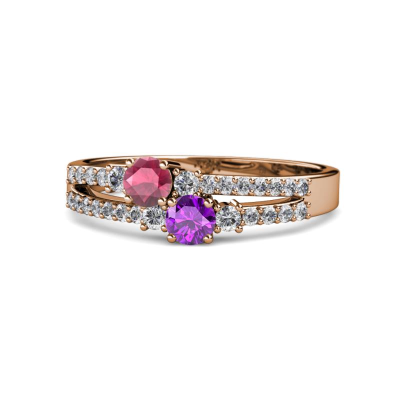 Zaira Rhodolite Garnet and Amethyst with Side Diamonds Split Shank Ring 