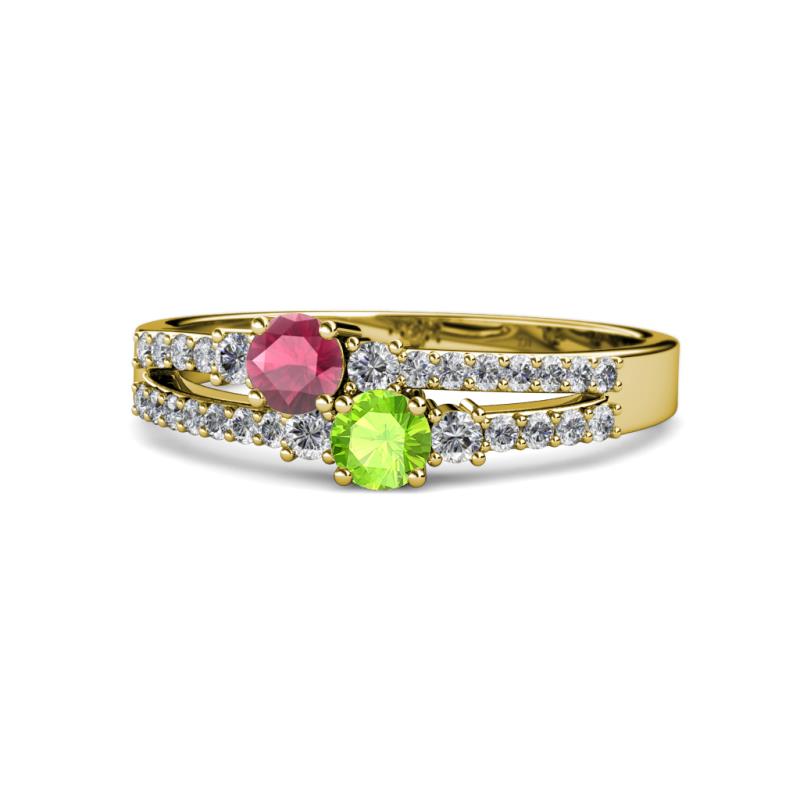 Zaira Rhodolite Garnet and Peridot with Side Diamonds Split Shank Ring 