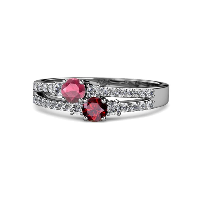 Zaira Rhodolite Garnet and Ruby with Side Diamonds Split Shank Ring 