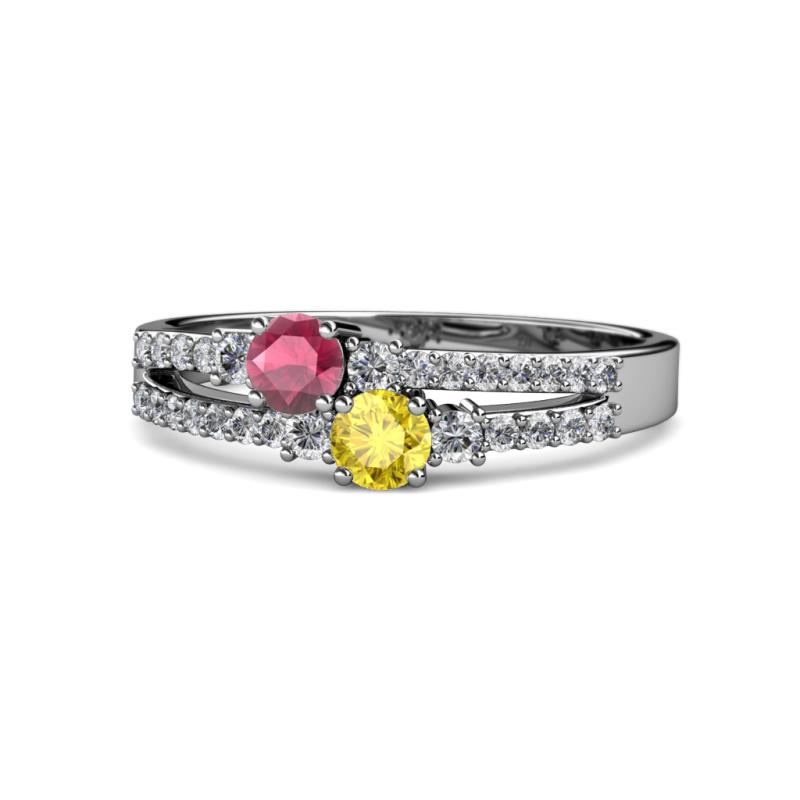Zaira Rhodolite Garnet and Yellow Sapphire with Side Diamonds Split Shank Ring 
