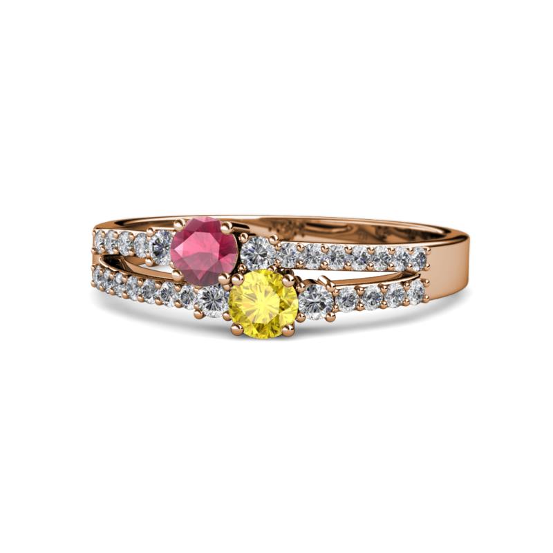 Zaira Rhodolite Garnet and Yellow Sapphire with Side Diamonds Split Shank Ring 