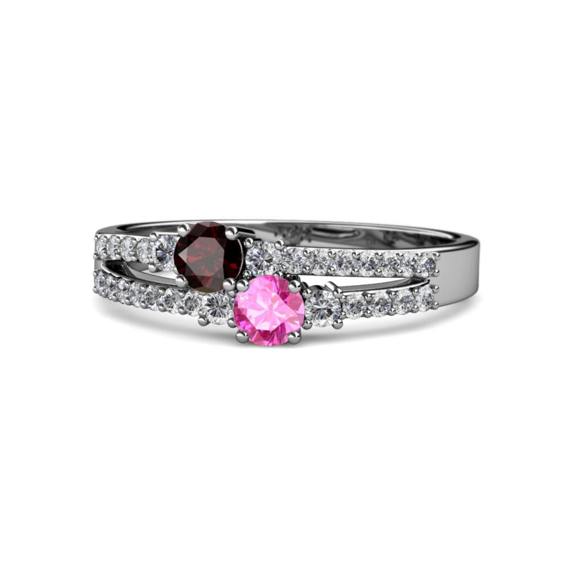 Zaira Red Garnet and Pink Sapphire with Side Diamonds Split Shank Ring 