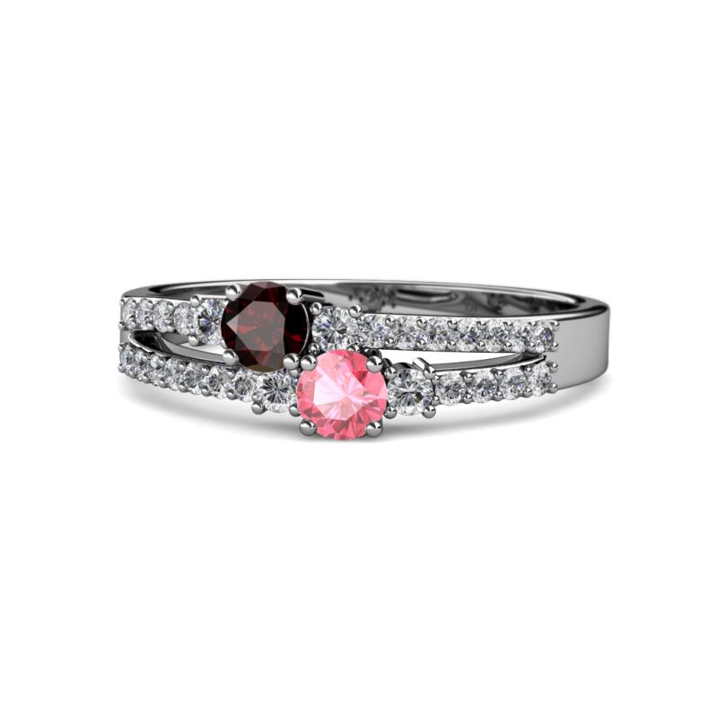 Zaira Red Garnet and Pink Tourmaline with Side Diamonds Split Shank Ring 
