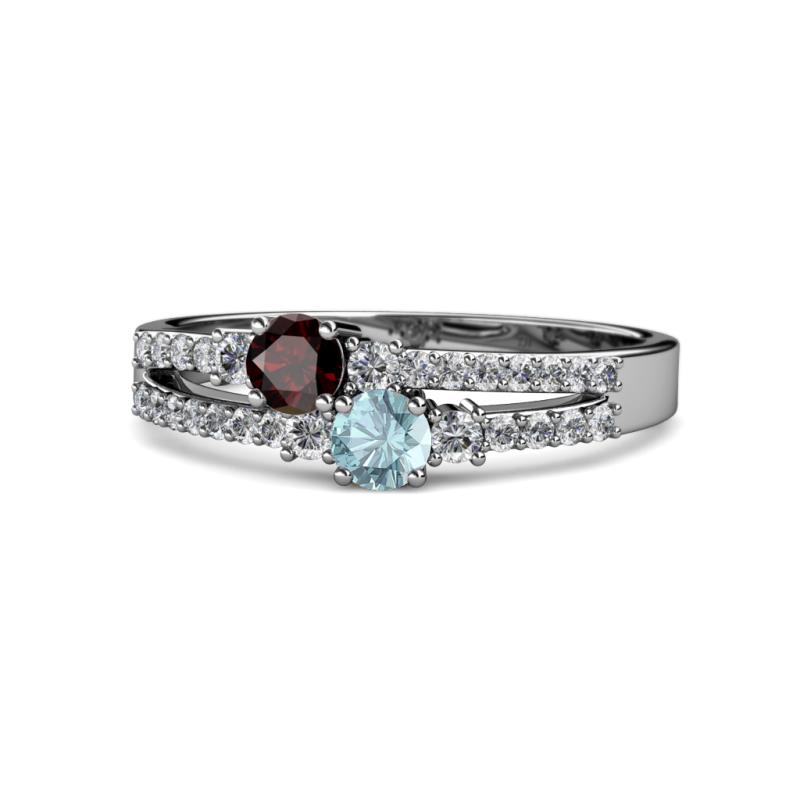 Zaira Red Garnet and Aquamarine with Side Diamonds Split Shank Ring 