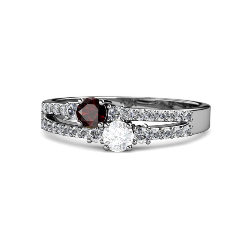 Zaira Red Garnet and White Sapphire with Side Diamonds Split Shank Ring 