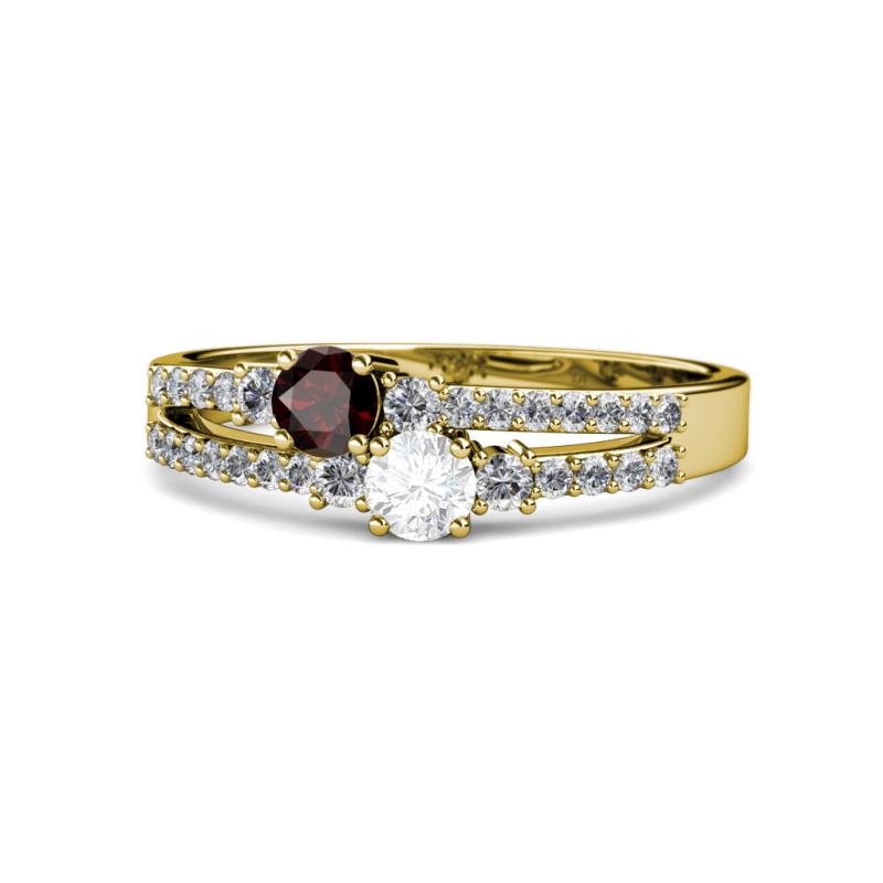 Zaira Red Garnet and White Sapphire with Side Diamonds Split Shank Ring 