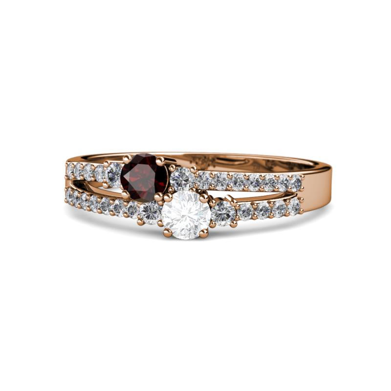 Zaira Red Garnet and White Sapphire with Side Diamonds Split Shank Ring 