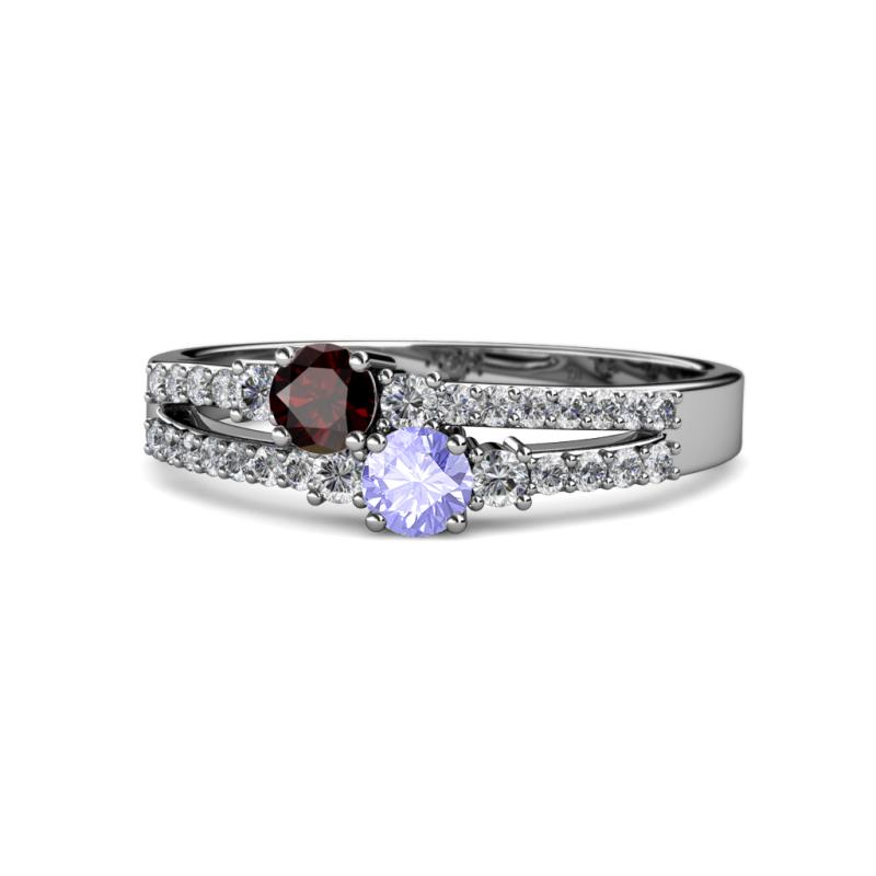Zaira Red Garnet and Tanzanite with Side Diamonds Split Shank Ring 