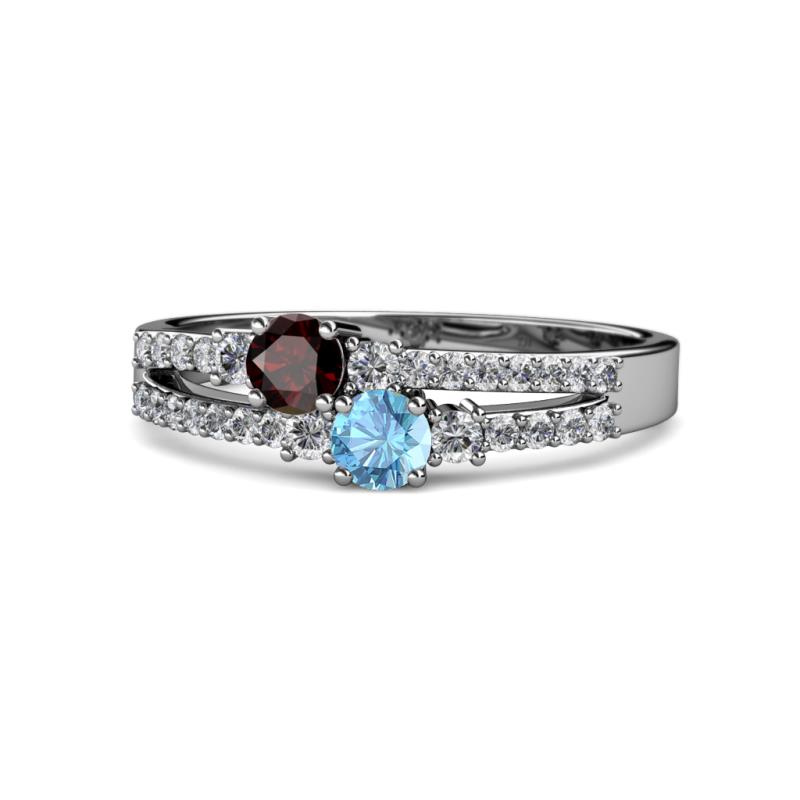 Zaira Red Garnet and Blue Topaz with Side Diamonds Split Shank Ring 