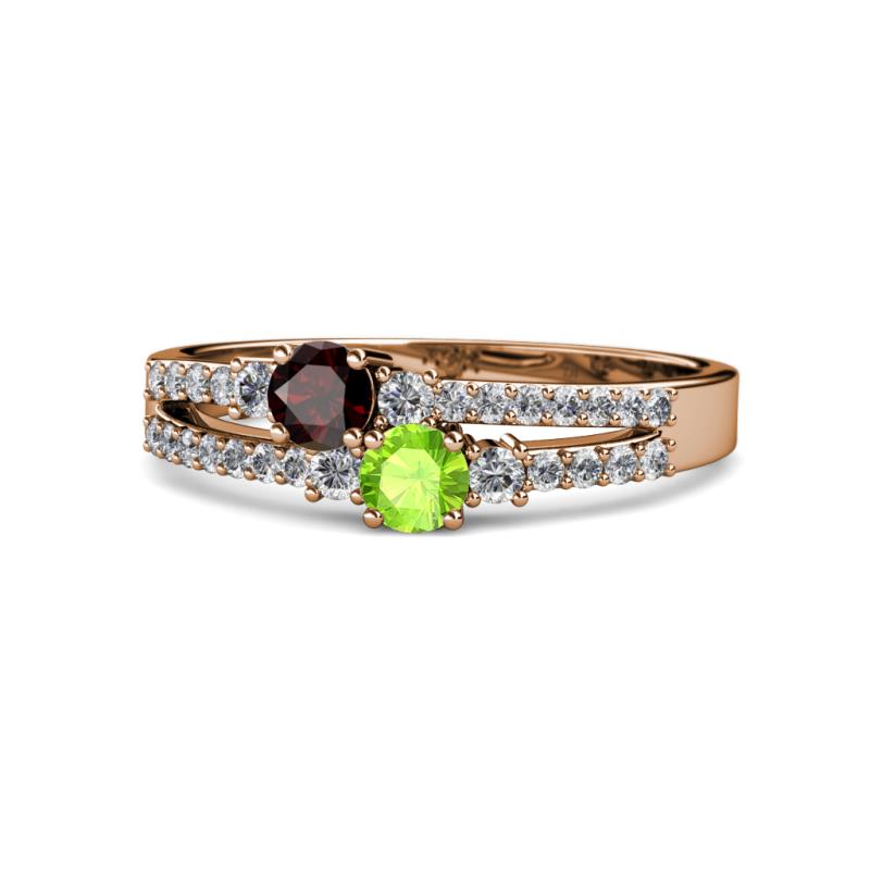 Zaira Red Garnet and Peridot with Side Diamonds Split Shank Ring 