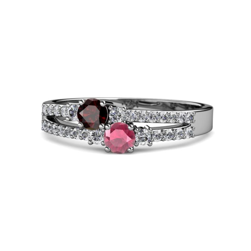 Zaira Red and Rhodolite Garnet with Side Diamonds Split Shank Ring 