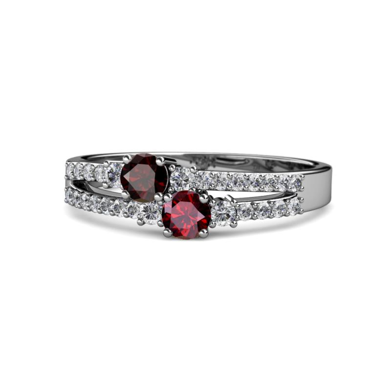 Zaira Red Garnet and Ruby with Side Diamonds Split Shank Ring 