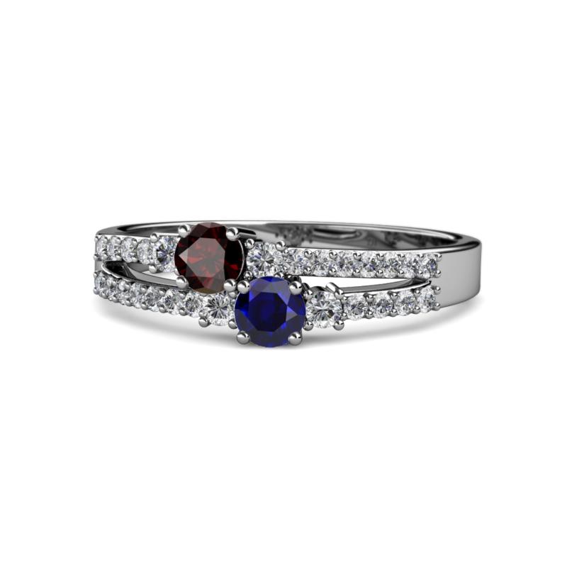 Zaira Red Garnet and Blue Sapphire with Side Diamonds Split Shank Ring 