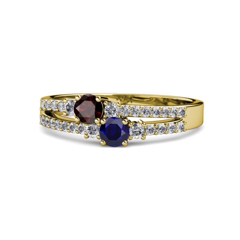 Zaira Red Garnet and Blue Sapphire with Side Diamonds Split Shank Ring 