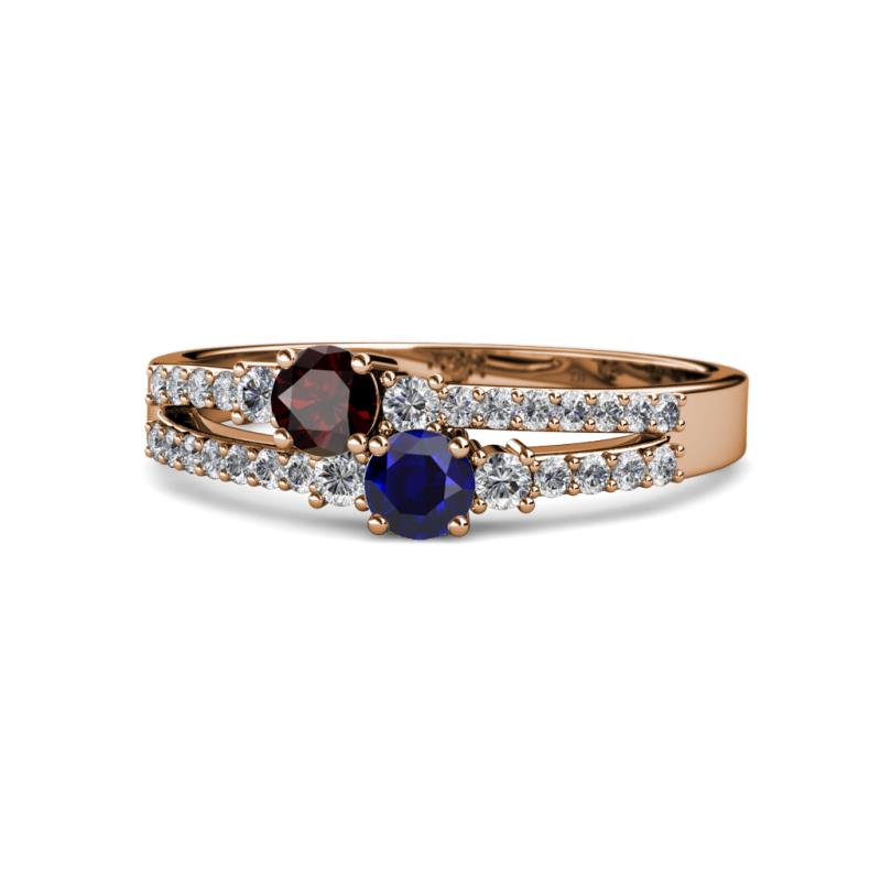 Zaira Red Garnet and Blue Sapphire with Side Diamonds Split Shank Ring 