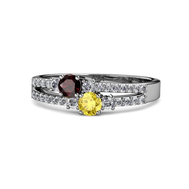 Zaira Red Garnet and Yellow Sapphire with Side Diamonds Split Shank Ring 