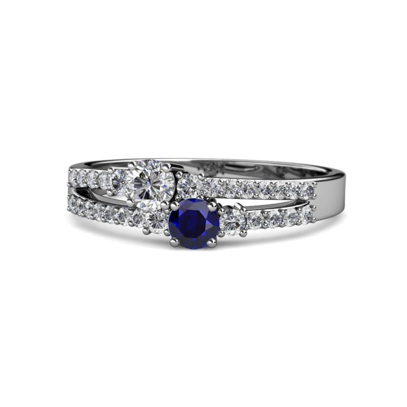 Zaira Diamond and Blue Sapphire with Side Diamonds Split Shank Ring 