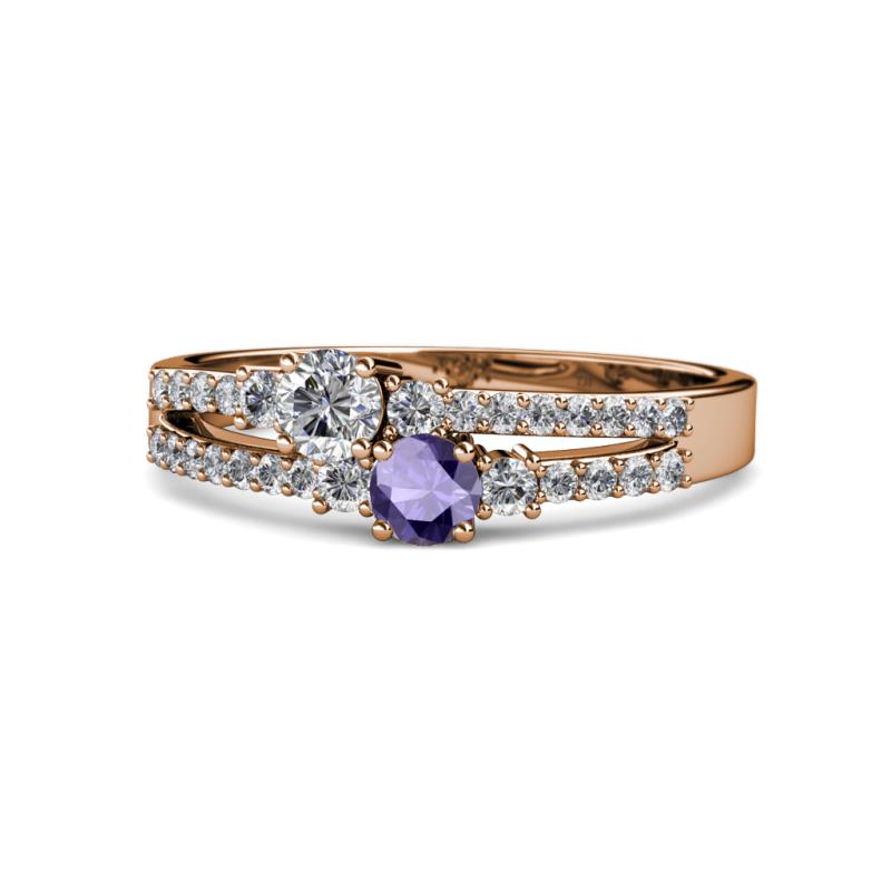 Zaira Diamond and Iolite with Side Diamonds Split Shank Ring 