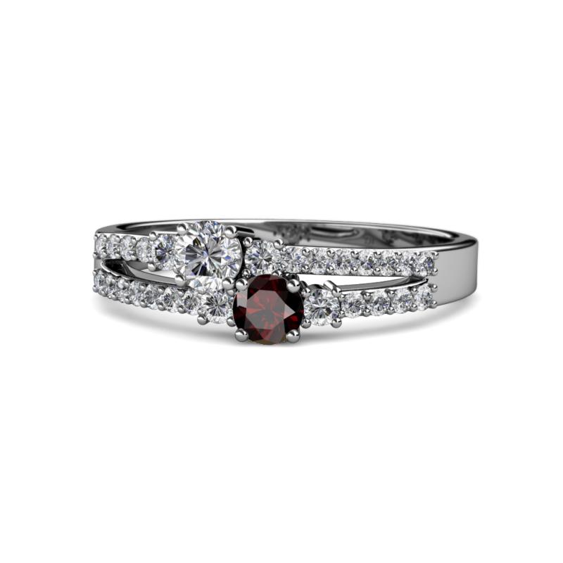 Zaira Diamond and Red Garnet with Side Diamonds Split Shank Ring 