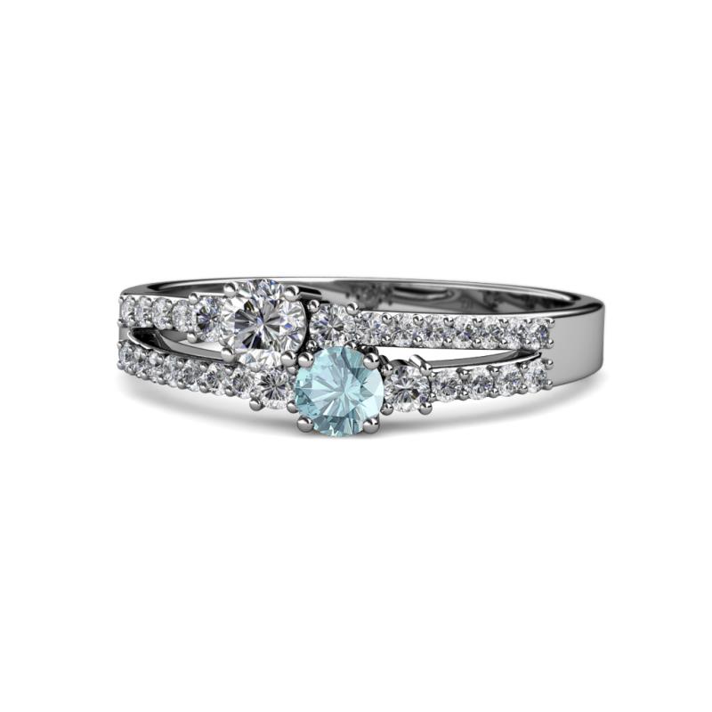 Zaira Diamond and Aquamarine with Side Diamonds Split Shank Ring 