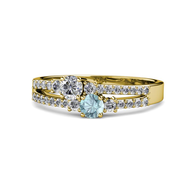 Zaira Diamond and Aquamarine with Side Diamonds Split Shank Ring 