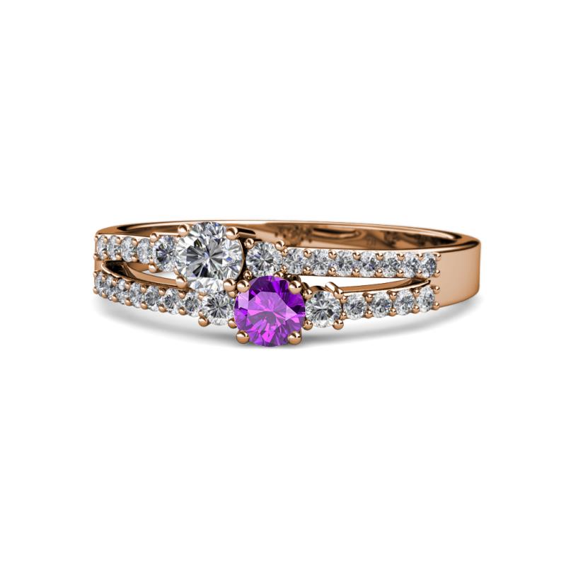 Zaira Diamond and Amethyst with Side Diamonds Split Shank Ring 