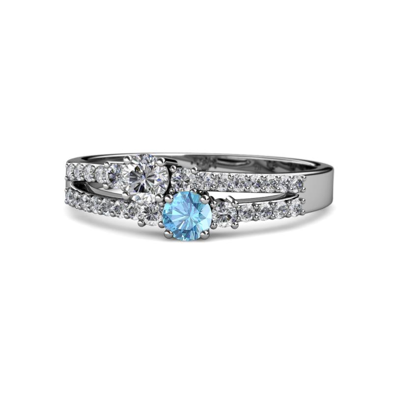 Zaira Diamond and Blue Topaz with Side Diamonds Split Shank Ring 