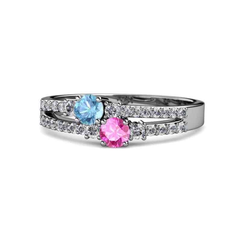 Zaira Blue Topaz and Pink Sapphire with Side Diamonds Split Shank Ring 