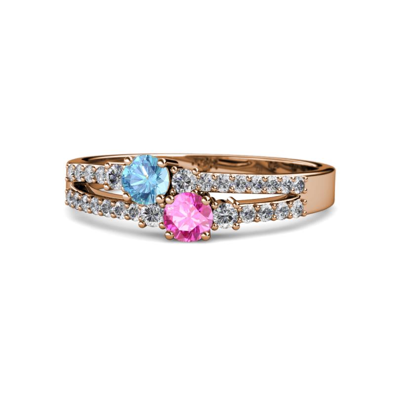 Zaira Blue Topaz and Pink Sapphire with Side Diamonds Split Shank Ring 