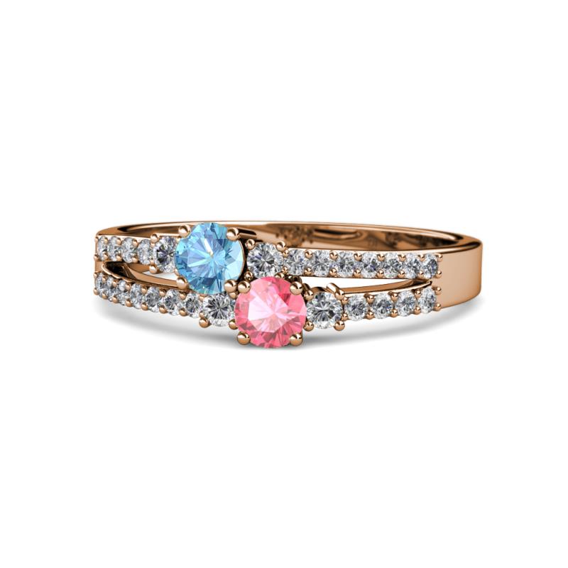 Zaira Blue Topaz and Pink Tourmaline with Side Diamonds Split Shank Ring 