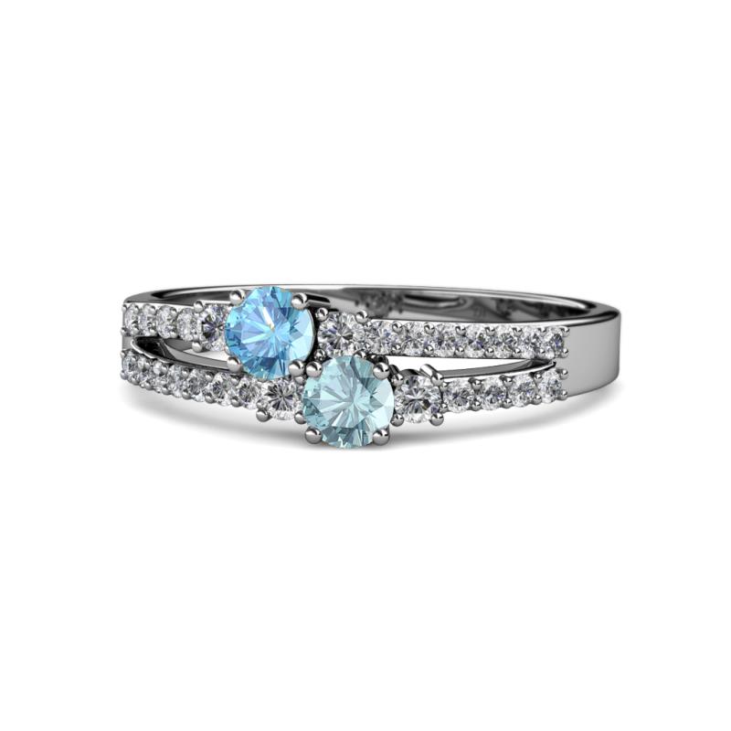 Zaira Blue Topaz and Aquamarine with Side Diamonds Split Shank Ring 