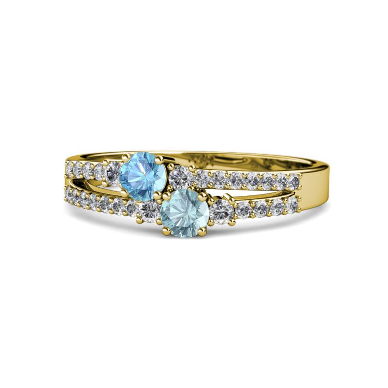 Zaira Blue Topaz and Aquamarine with Side Diamonds Split Shank Ring 