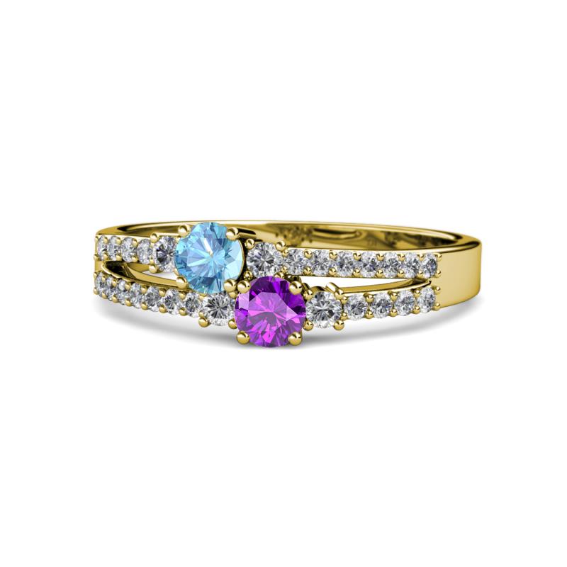 Zaira Blue Topaz and Amethyst with Side Diamonds Split Shank Ring 