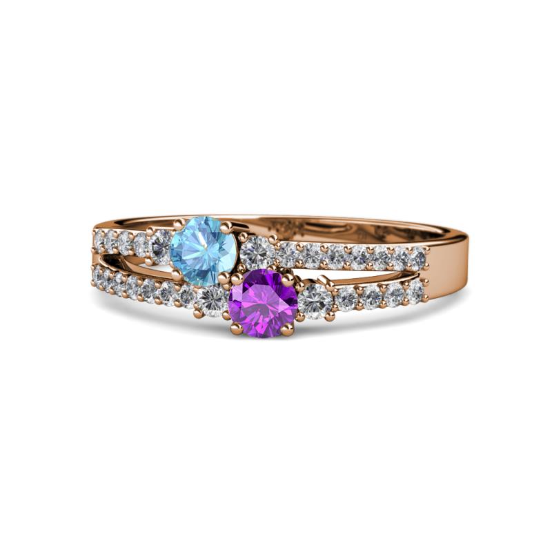 Zaira Blue Topaz and Amethyst with Side Diamonds Split Shank Ring 