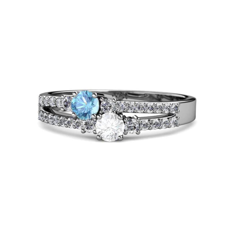 Zaira Blue Topaz and White Sapphire with Side Diamonds Split Shank Ring 
