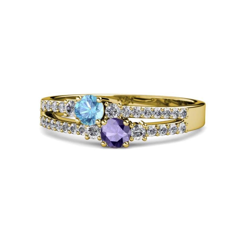 Zaira Blue Topaz and Iolite with Side Diamonds Split Shank Ring 