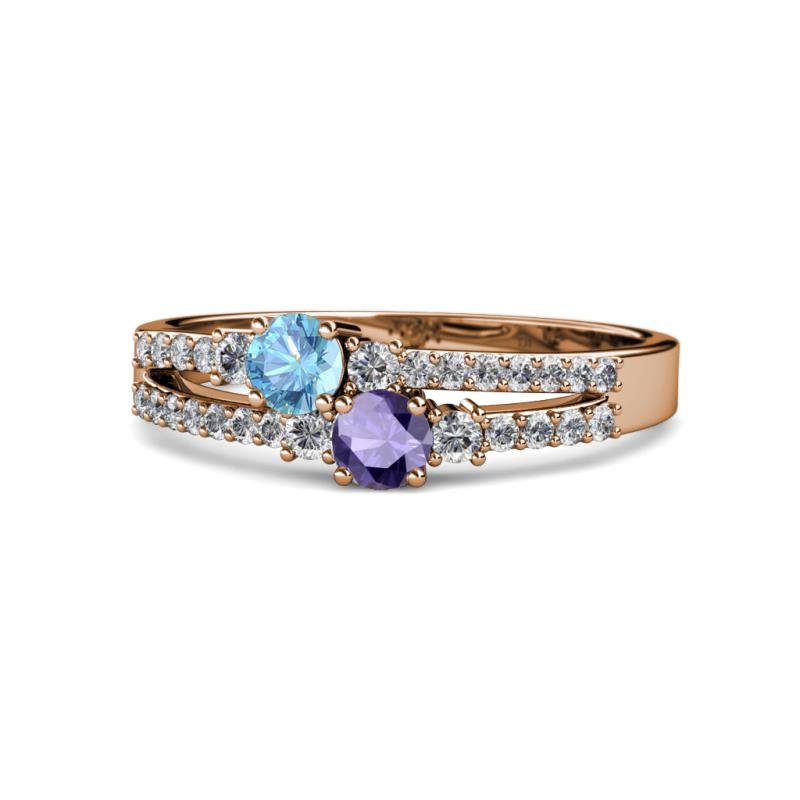 Zaira Blue Topaz and Iolite with Side Diamonds Split Shank Ring 