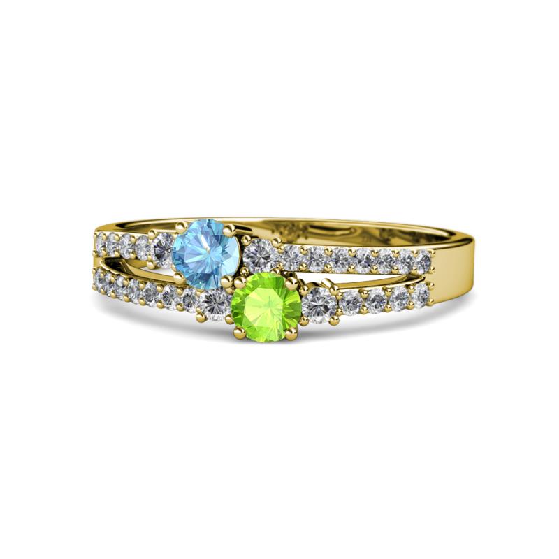 Zaira Blue Topaz and Peridot with Side Diamonds Split Shank Ring 