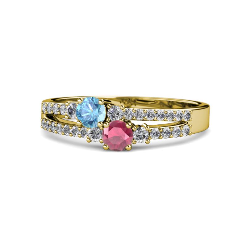 Zaira Blue Topaz and Rhodolite Garnet with Side Diamonds Split Shank Ring 