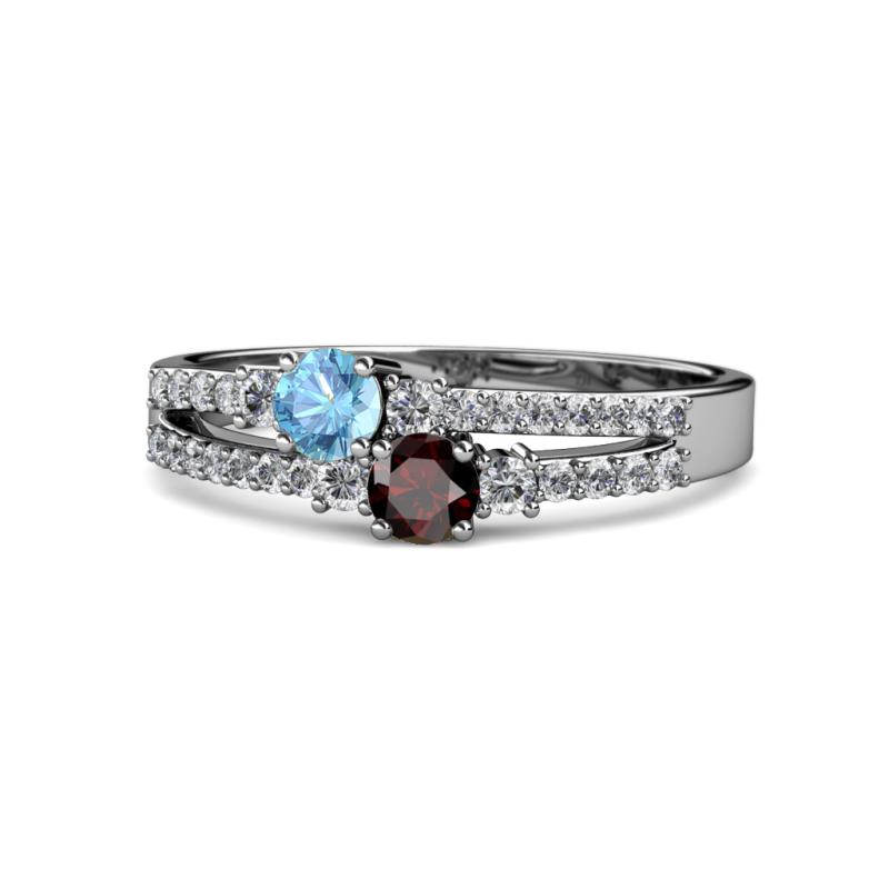 Zaira Blue Topaz and Red Garnet with Side Diamonds Split Shank Ring 