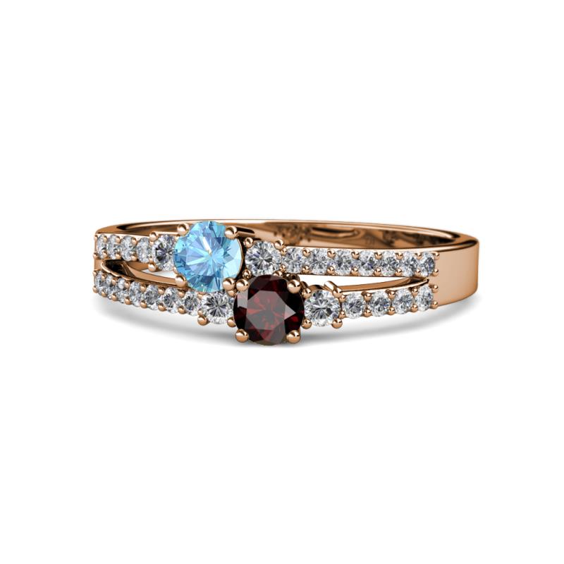 Zaira Blue Topaz and Red Garnet with Side Diamonds Split Shank Ring 