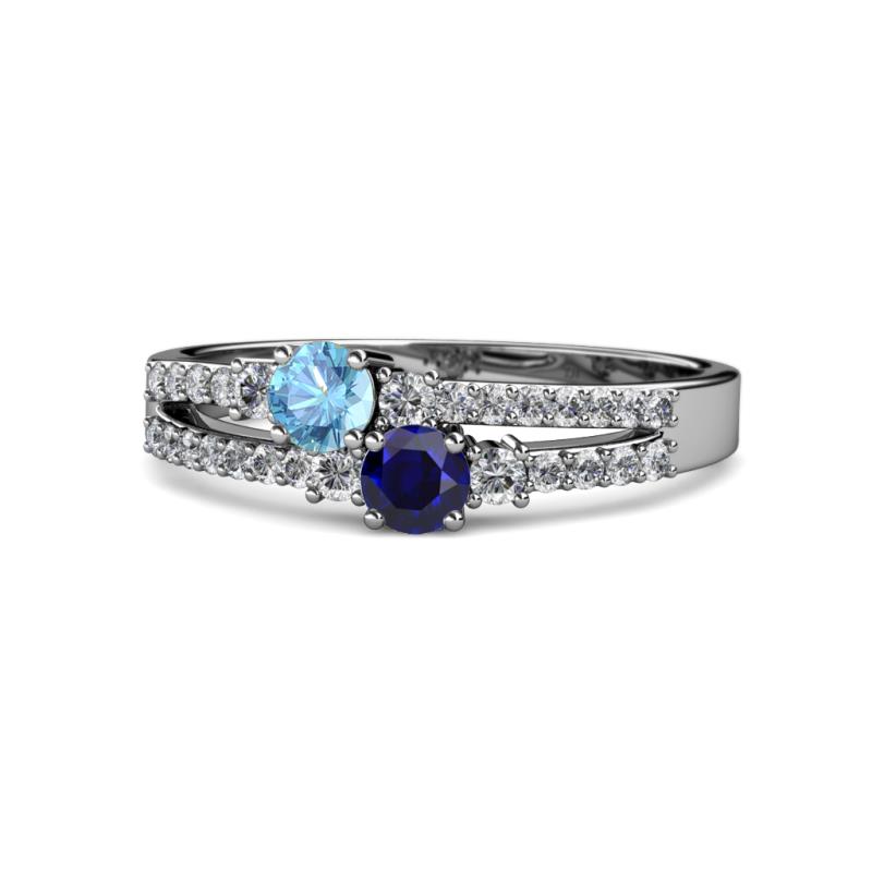 Zaira Blue Topaz and Blue Sapphire with Side Diamonds Split Shank Ring 