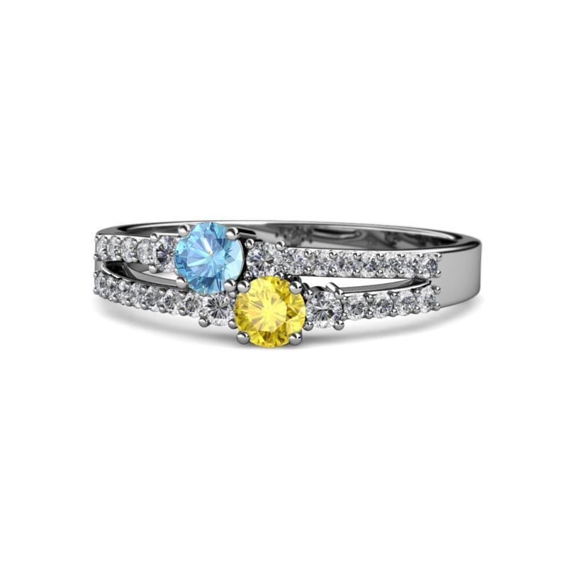 Zaira Blue Topaz and Yellow Sapphire with Side Diamonds Split Shank Ring 