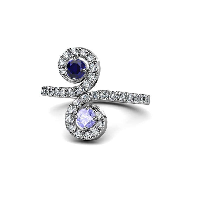 Raene Blue Sapphire and Tanzanite with Side Diamonds Bypass Ring 