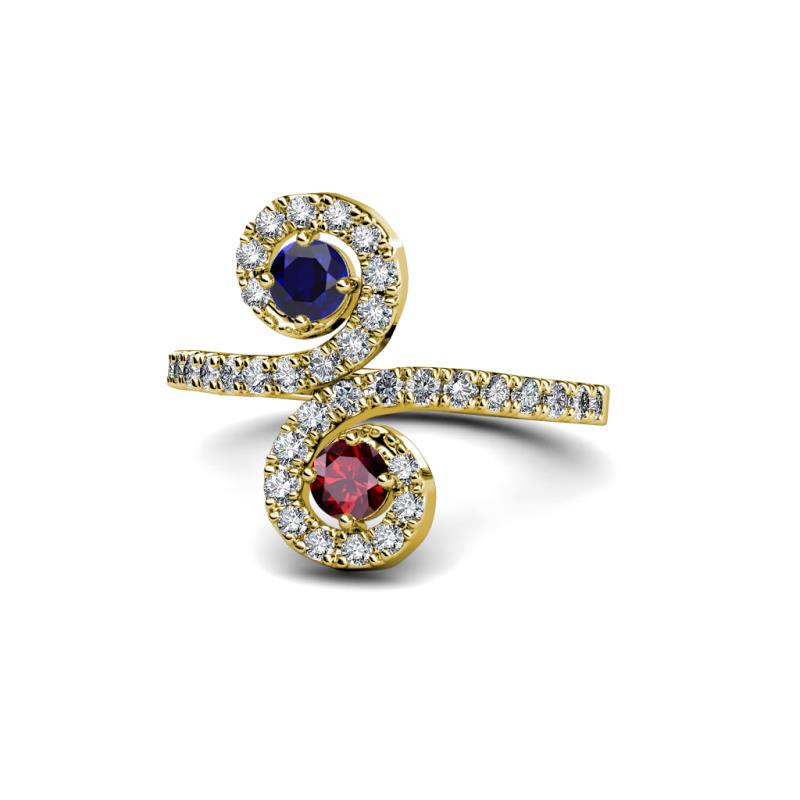 Raene Blue Sapphire and Ruby with Side Diamonds Bypass Ring 