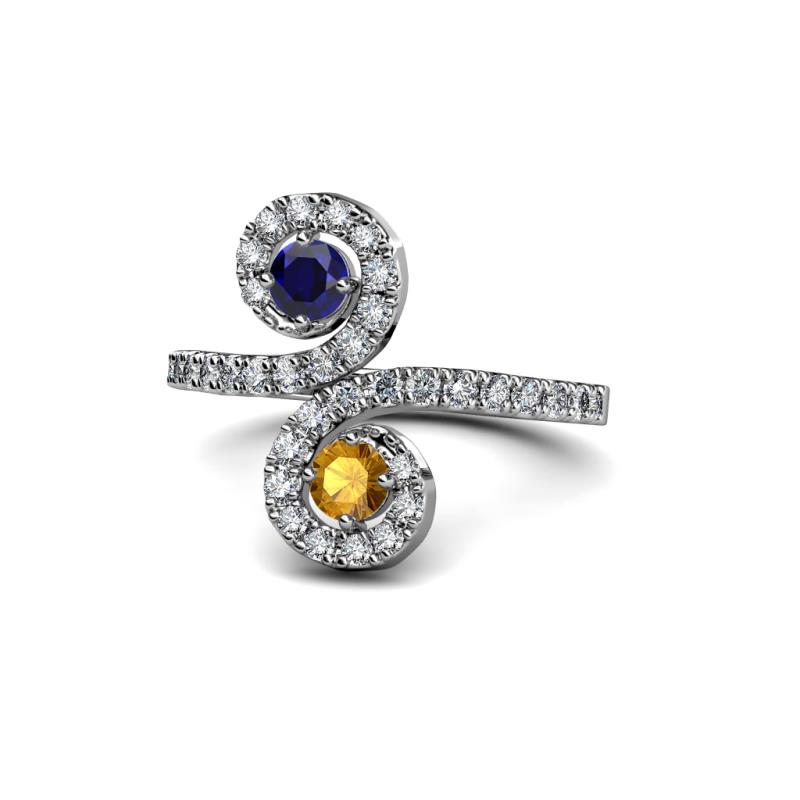 Raene Blue Sapphire and Citrine with Side Diamonds Bypass Ring 