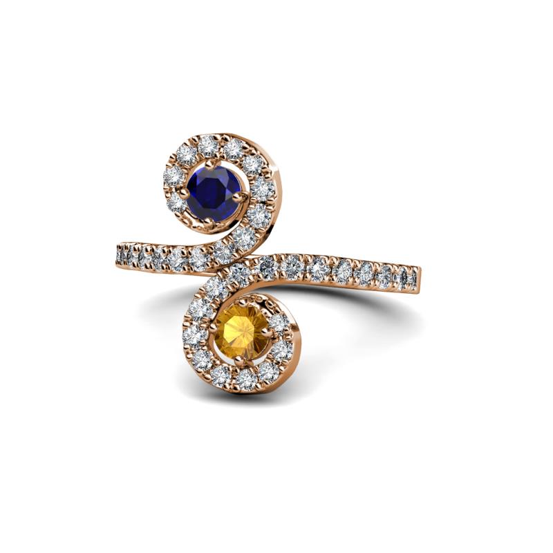 Raene Blue Sapphire and Citrine with Side Diamonds Bypass Ring 