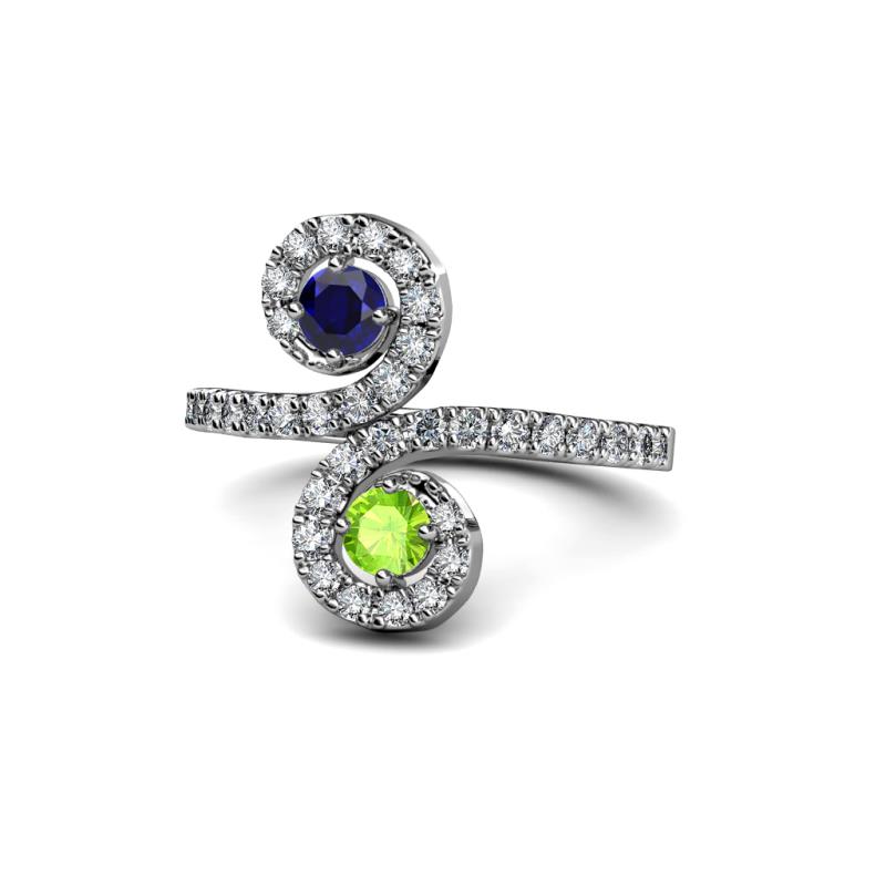 Raene Blue Sapphire and Peridot with Side Diamonds Bypass Ring 